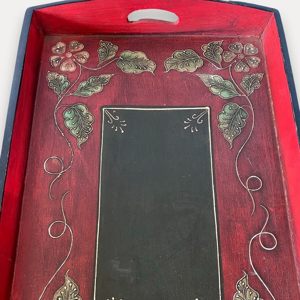 Hand painted Floral Leaf wooden tray Red kitchen serving art deco - Picture 5 of 6